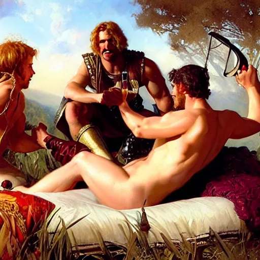 Image similar to ares tickles achilles the champion with a feather on a bed of pillows in a meadow,!!! dionysus drinks wine in the background she is smirking!!!, painting by gaston bussiere, craig mullins, j. c. leyendecker, tom of finland