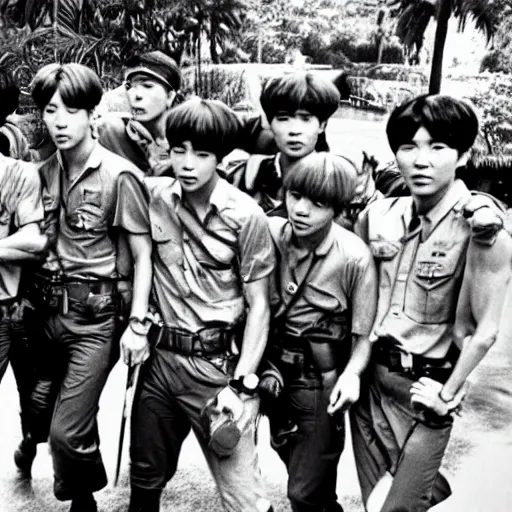 Image similar to BTS boyband fighting in the Vietnam war, historical photo, vintage photo, 1965