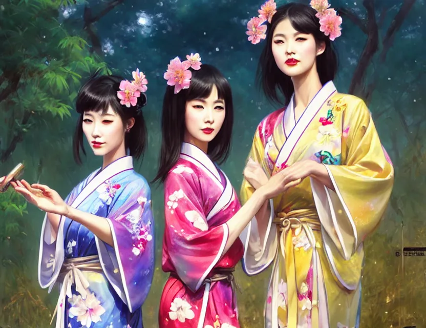 Image similar to two beautiful fashion taiwan girls wear fantasy yukata in festival | | big eyes, sunny, dreamlike art, realistic shaded, smile, good looking, fine details, 4 k realistic, cryengine, realistic shaded lighting poster by greg rutkowski, magali villeneuve, artgerm, jeremy lipkin and michael garmash and rob rey