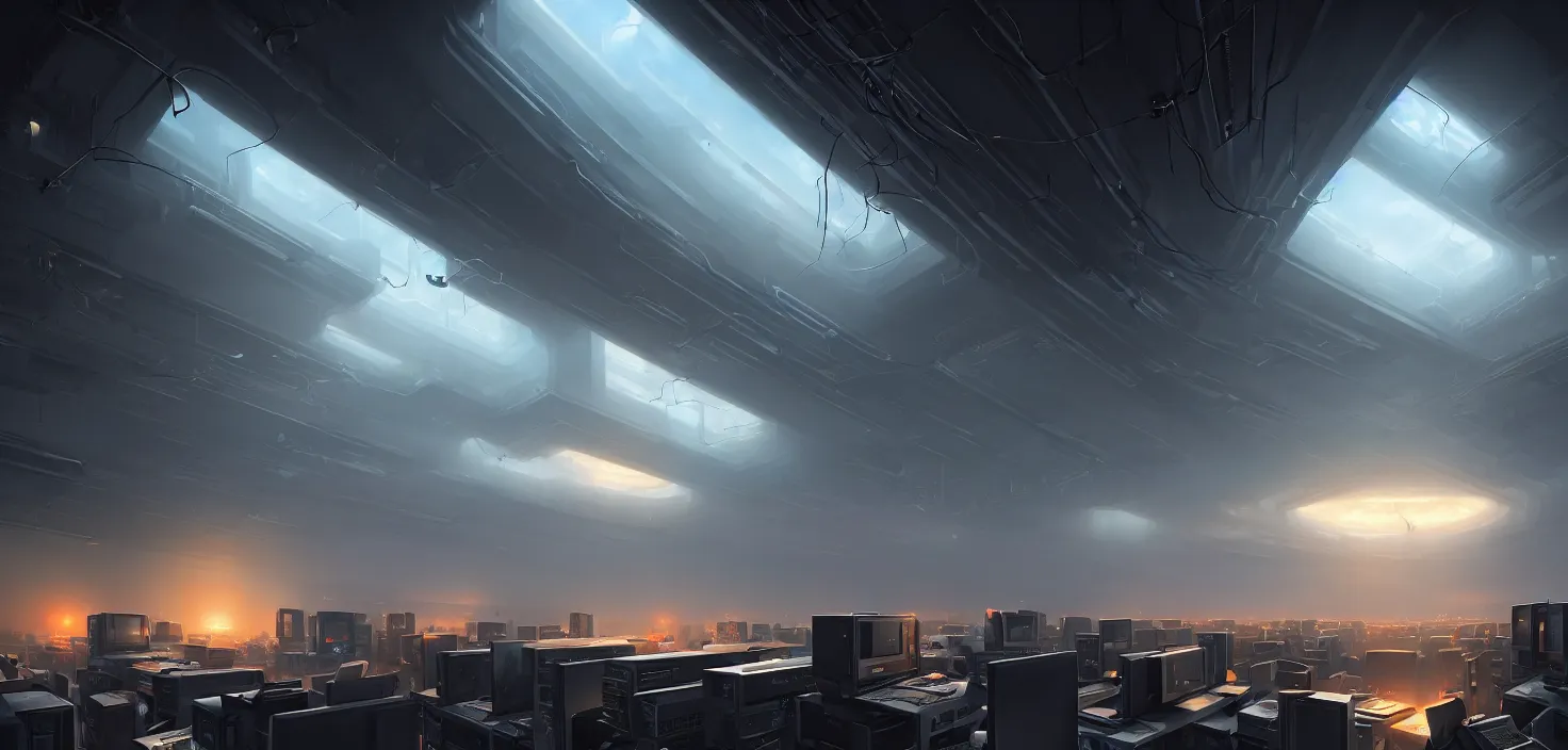 Image similar to computers, wired in, in a highly detailed server room with computers everywhere, cinematic view, epic sky, detailed, concept art, low angle, high detail, warm lighting, volumetric, godrays, vivid, beautiful, trending on artstation, by jordan grimmer, huge scene, art greg rutkowski