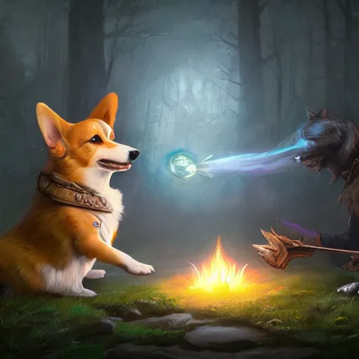 Prompt: corgi casting a healing spell, d & d character art, fantasy, hyperrealistic, extremely detailed digital illustration, greg rutkowski, trending on artstation, 8 k