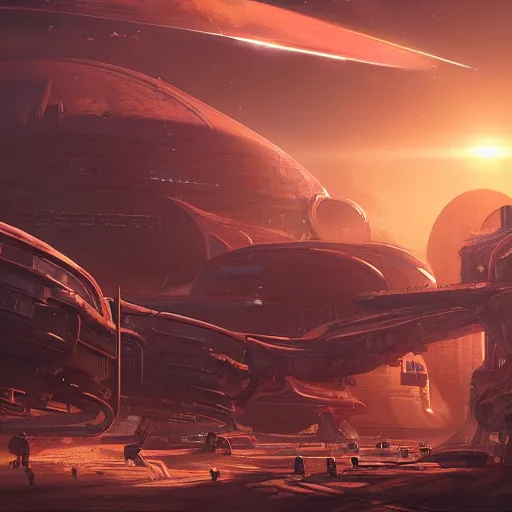 Prompt: a spaceport environment invaded by dark aliens, background art, pristine concept art, small, medium and large design elements, golden hour, in the style of WLOP and Ross Tran