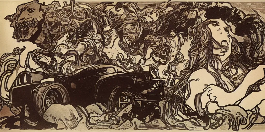 Image similar to monster truck rally, Alphonse Mucha