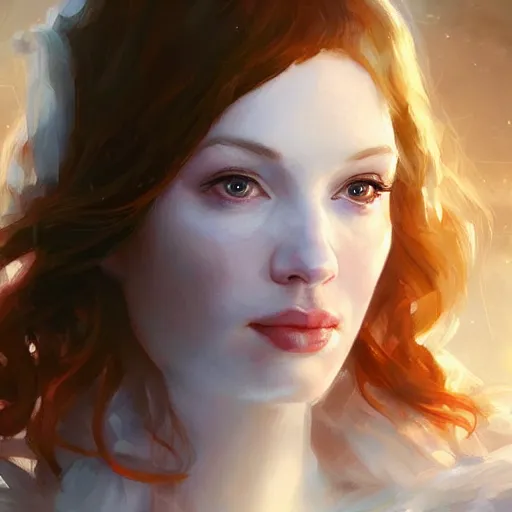 Prompt: Portrait of a Christina Hendricks with angel wings, and a glowing halo, white lighting, digital art by Ruan Jia and Mandy Jurgens and Artgerm, highly detailed, trending on artstation, award winning,