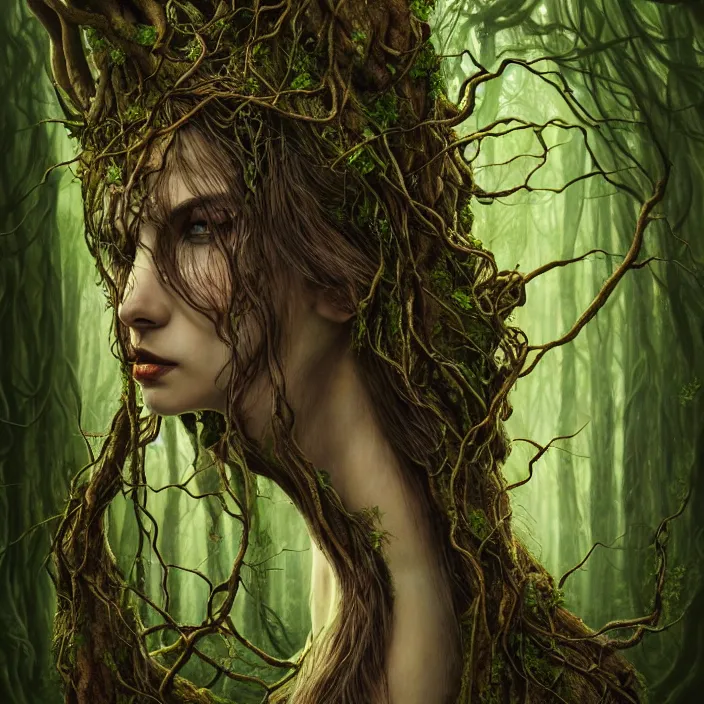 Image similar to female dryad, entwined by roots and vines, dark forest, surreal, nature, light shining through, hyper - realistic, highly detailed, sharp focus, smooth, intricate
