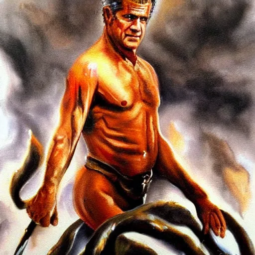 Image similar to Mel Gibson emerging from the depths of hell, dramatic painting, trending on arstation