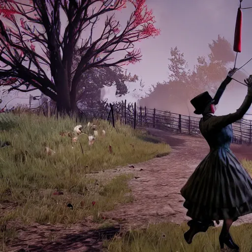 Prompt: Mary Poppins in Dead By Daylight, gameplay, pc, creepy,