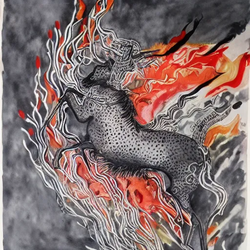 Image similar to extreme emotional movement of fience animal, ink painting, in style of thawan duchanee, high quality,