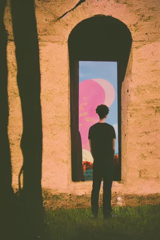 Image similar to kodak portra 4 0 0 photograph of a skinny guy looking into a otherworldly portal, flower crown, back view, vaporwave colors, grain, moody lighting, moody aesthetic,