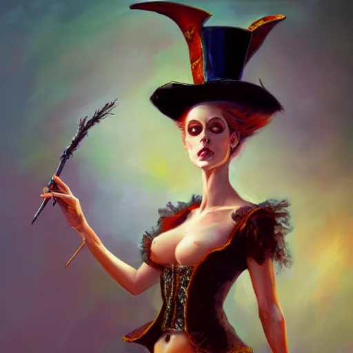 Image similar to oil painting of a rabbit dressed like a female magician holding a magic wand and a top hat, urban fantasy art by seb mckinnon, artstation npc character design, top - rated