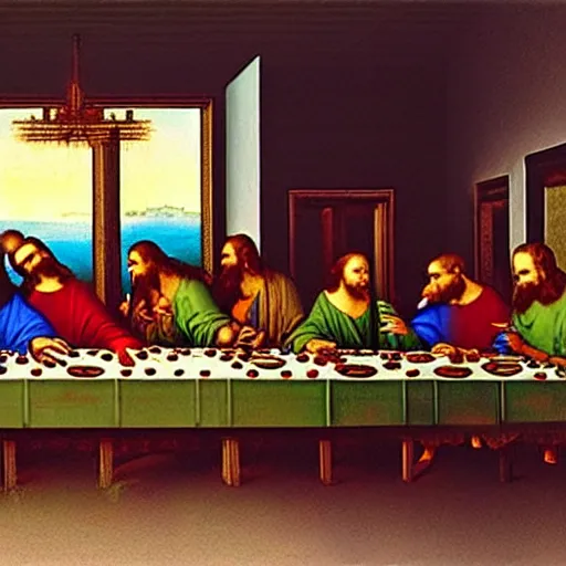 Prompt: a spray-paint graffiti art of The Last Supper by Da Vinci