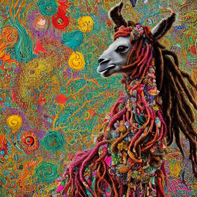 Image similar to llama with dreadlocks, colorful, detailed, by ernst haeckel, james jean, el anatsui, mandy jurgens