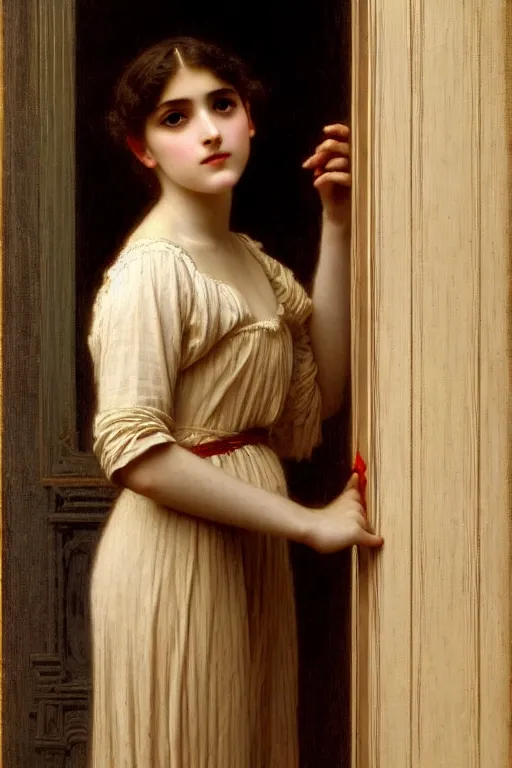 Image similar to girl in thought by auguste toulmouche and bouguereau, clear face, perfect detailed eyes, fireplace lighting, beautiful hands, pale skin, blonde hair, leaning on door