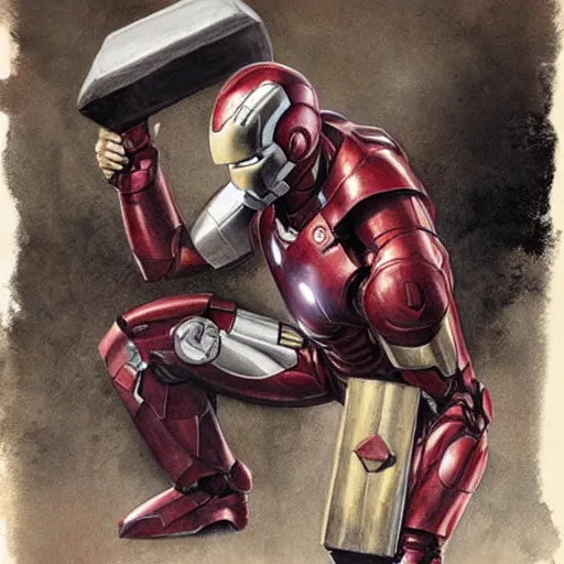 Image similar to ironman lifting mjolnir, by jean - baptiste monge