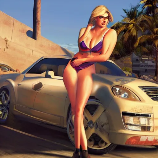 Prompt: kate upton in gta v, cover art by stephen bliss, artstation, no text