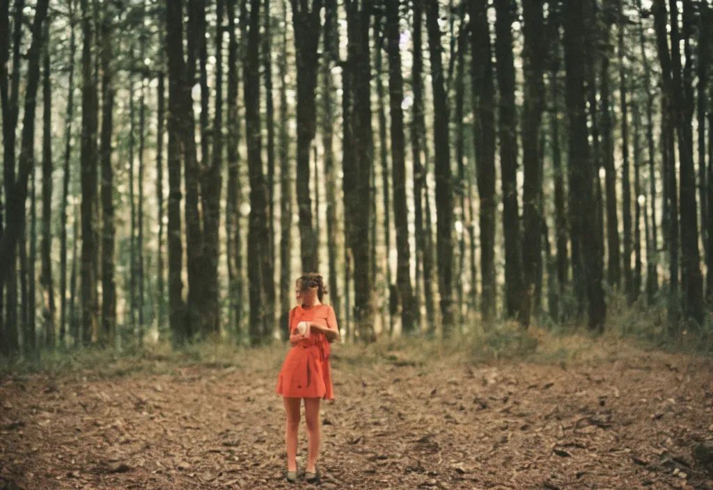 Prompt: lomo photo of a brunette girl standing i front of a modern forest cabin, cinestill, bokeh, out of focus