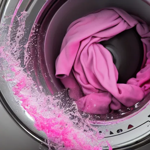 Prompt: photograph of pink clothes being washed in a washing machine. 8k resolution. hyperrealistic.