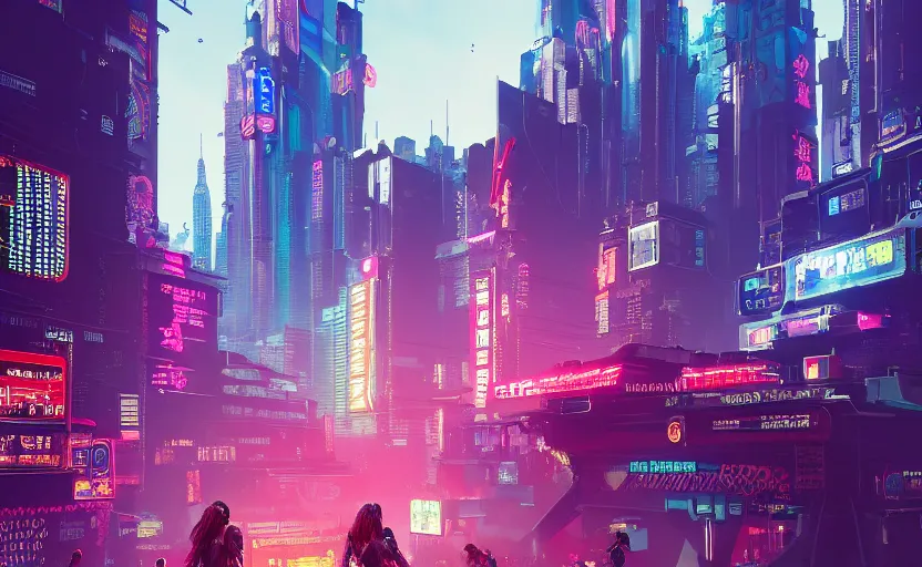 Prompt: woman that knows everything, but don't know what to do in cyberpunk 2 0 7 7 future city new york tokio, neon lights blurry, flying metro, highly detailed, 8 k render, trending on artstation, by huang guangjian