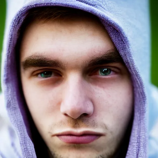 Prompt: close up of face of a 1 8 year old man, with white hair, green eyes, wearing a purple hoodie, lazy, 8 5 mm f / 1. 4