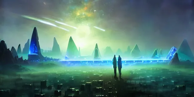 Image similar to a fleet of interconnected giant glowing futuristic crystal cubes in the sky, a fantasy magical landscape seen in the distance, atmospheric lighting, intricate, volumetric lighting, beautiful, sharp focus, ultra detailed, in the art style of marc simonetti, bowater charlie and brom gerald, astrophotography