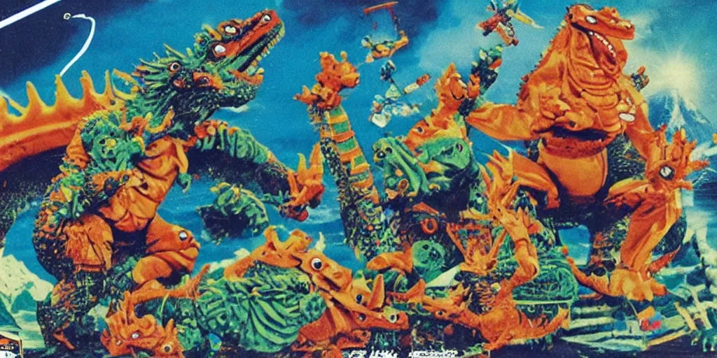 Image similar to Hindu Gremlin Godzilla Space Cowboys, catalogue photography, exciting toy commercial circa 1992