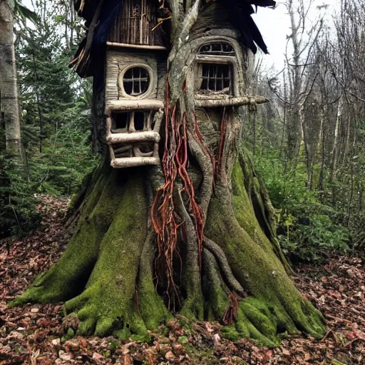 Prompt: Baba Yaga’s house with tree root tendrils coming out from the bottom, lifting it high in the air