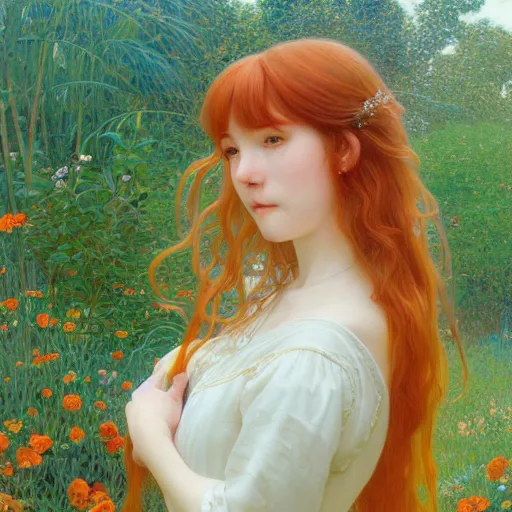 Image similar to A young woman with orange long hair and bangs in shorts and white shirt drawn by Donato Giancola and Makoto Shinkai, Edmund Leighton, Alphonse Mucha, background by James Jean and Gustav Klimt, 4k, porcelain skin, volumetric lighting, french nouveau, trending on artstation, octane render, hyperrealistic