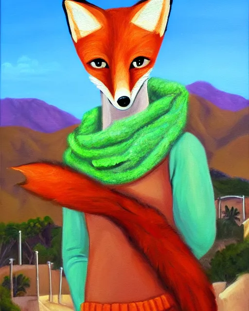 Image similar to oil painting portrait of anthropomorphic female fox animal dressed in sweater and scarf, fox animal, hollywood sign in background, oil painting,