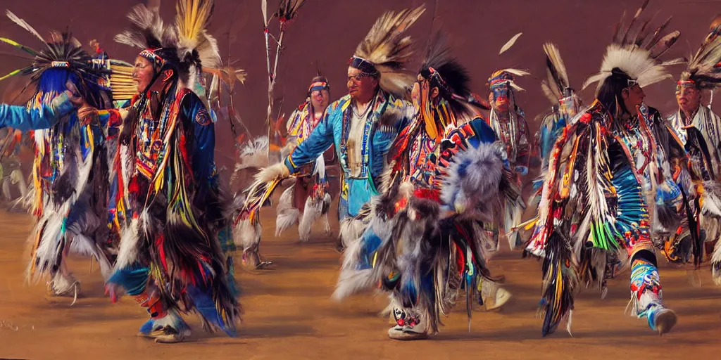 Prompt: of Native American Chief dancing at pow wow by Liam Wong and Boris Vallejo