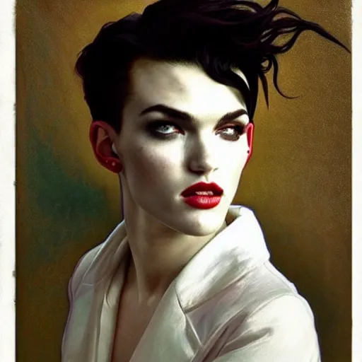 Prompt: beautiful portrait of androgynous ruby rose as desire from sandman in a white tuxedo!!!, rockabilly style,, by alphonse mucha, by jeremy mann, by peter lindbergh, dave mckean, by frank moth, white suit and black tie, soft lightning, high detailed, 8 k