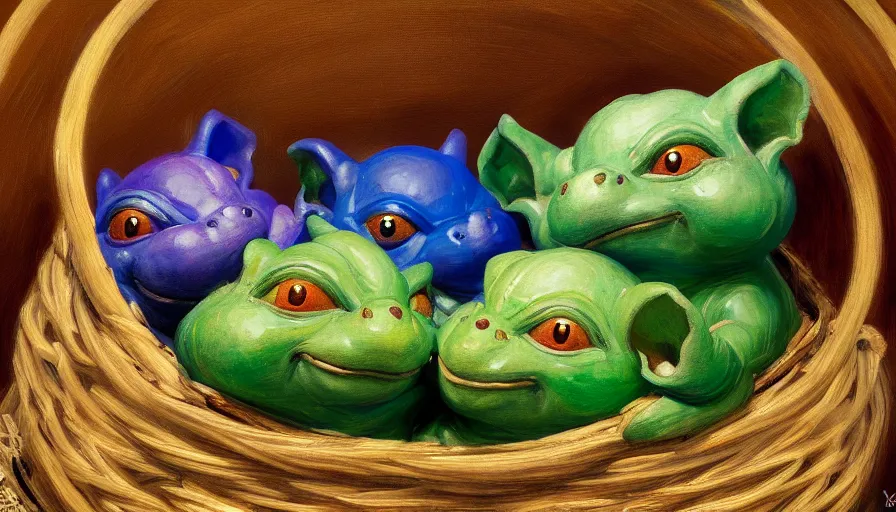 Image similar to highly detailed painting of boglins cuddling up in a basket by william turner, thick brush strokes and visible paint layers, 4 k resolution