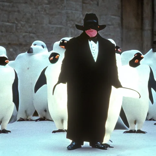 Image similar to Alex Jones as the Penguin Man in the movie Batman Returns 1992, still, high quality