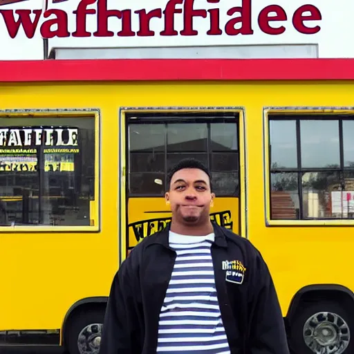 Image similar to wafflehouse employee's standing below wafflehouse sign, employees uniform is black and blue with yellow name tags