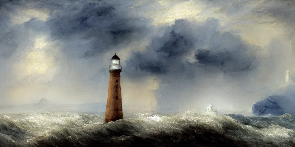 Image similar to a watercolor painting of a single lighthouse in a small rocky island during a violent storm by william turner, high quality, highly detailed, digital painting, masterpiece, turbulent sea, dramatic lighting, cinematic, centered, watercolor, william turner style, 4 k