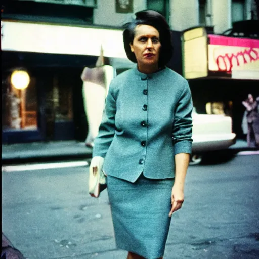 Image similar to portrait of a woman in a suit in the streets of new york, 1 9 6 0 s, colour film street photography, photo taken with ektachrome, featured on flickr, photographed on damaged film