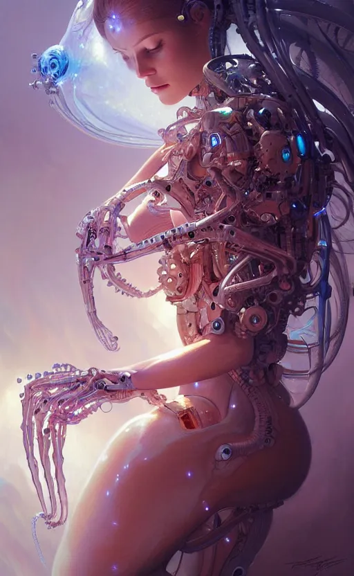 Image similar to Cyborg biomechanical jellyfish angel girl, sci-fi, highly detailed, digital painting, artstation, concept art, smooth, sharp focus, illustration, art by artgerm and greg rutkowski and alphonse mucha