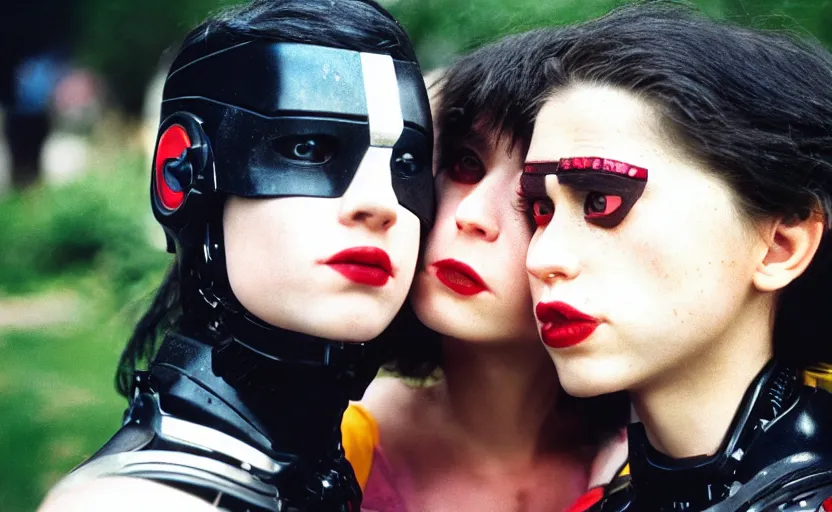 Image similar to cinestill 5 0 d photographic portrait by helen levitt of a kiss between two loving female cyborgs wearing black techwear in a retrofuturist garden, extreme closeup, modern cyberpunk, moody, 8 k, hd, high resolution, 3 5 mm, f / 3 2, ultra realistic faces, intricate detail, ex machina