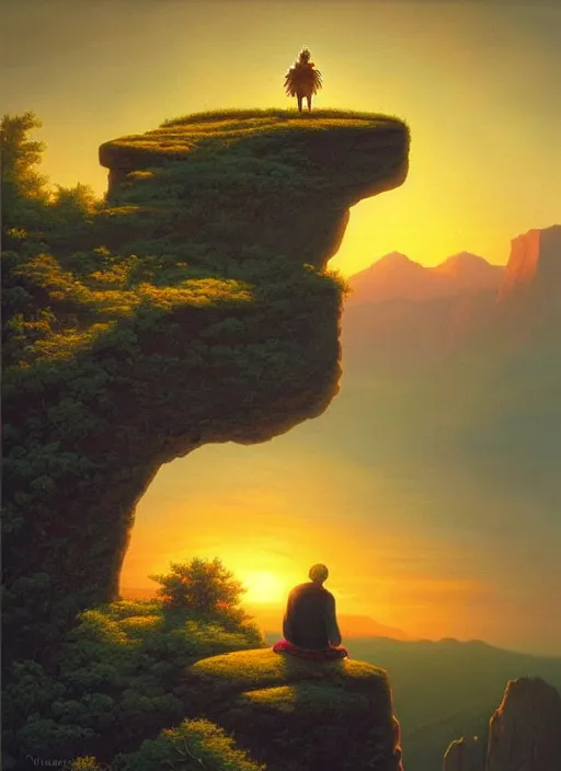 Image similar to an shaman sitting at the top of a cliff, looking down at the valley, doing a vision quest, beautiful sunset, art by vladimir kush