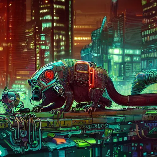 Image similar to a mechanical skunk cyborg polluting a post-apocalyptic city, digital art, highly detailed, intricate, sci-fi, neon colors, sharp focus, Trending on Artstation HQ, deviantart, unreal engine 5, 4K UHD image