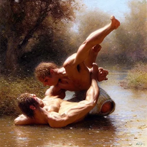 Image similar to young shepherds wrestling by a river, playful, male, muscular, detailed face, gorgeous, amazing, muscular, intricate, highly detailed, painting by Gaston Bussiere, Craig Mullins