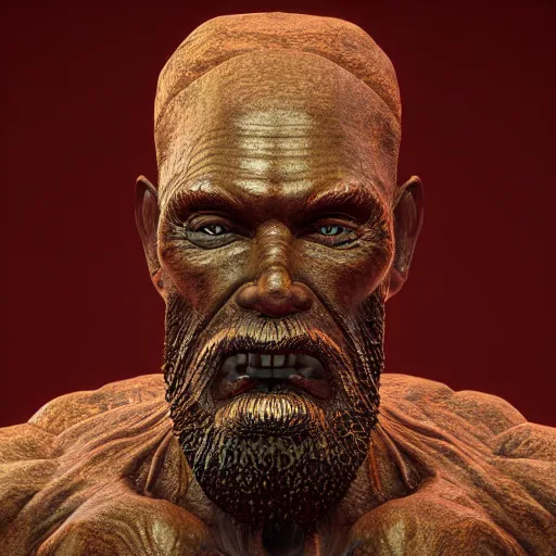 Prompt: wooden sculpture of omniman, wide shot, vibrant color details, zbrush, hyper realistic, golden ratio, macro lens, unreal engine, octane render, symmetri