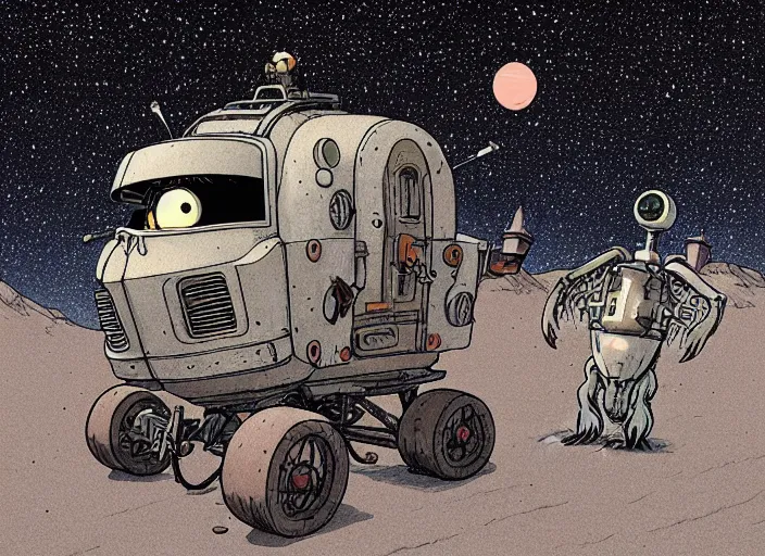 Prompt: a cell shaded cartoon of a lovecraftian mechanized sloth from howl's moving castle ( 2 0 0 4 ), on a desert road, in front of a pale full moon, full body, wide shot, very dull muted colors, studio ghibli, laurie greasley, highly detailed, deviantart, art by artgem