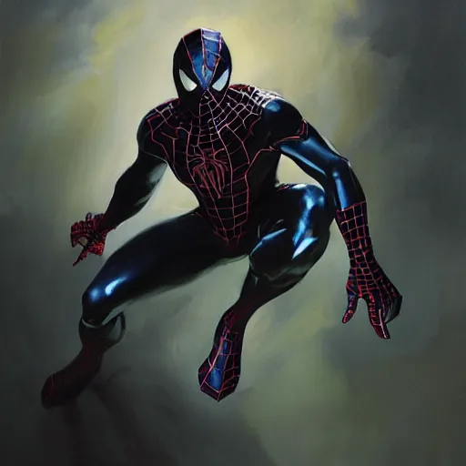 Image similar to greg manchess portrait painting of a dark venomous iron spiderman as overwatch character, medium shot, asymmetrical, profile picture, organic painting, sunny day, matte painting, bold shapes, hard edges, street art, trending on artstation, by huang guangjian, gil elvgren, ruan jia, greg rutkowski, gaston bussiere