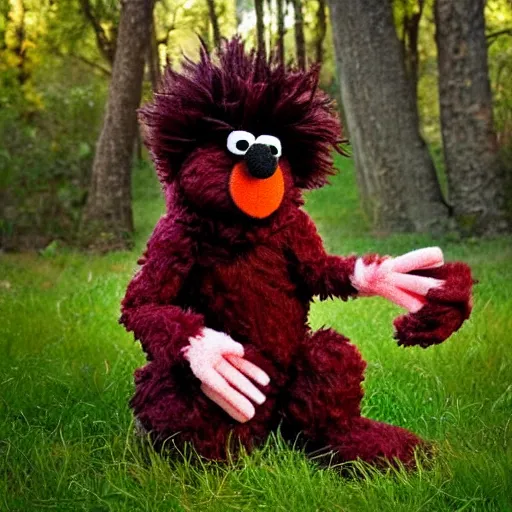 Image similar to a fluffy muppet in the shape of elmo with fluffy soft dark brown fur and with rabbit ears wearing a karate uniform out in nature, photography, photorealistic, muppet, national geohraphic