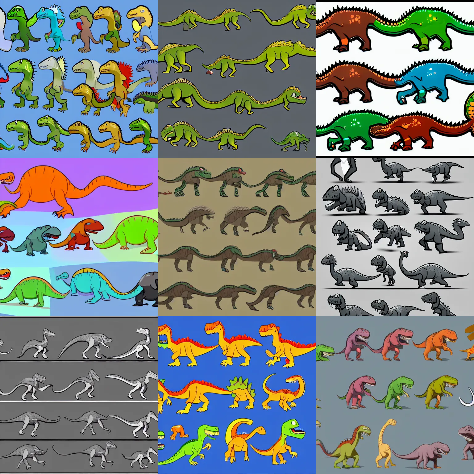 Prompt: a dinosaur running sprite sheet animation, clean lines, professional and polished, production ready, 1 6 x 1 6 frames