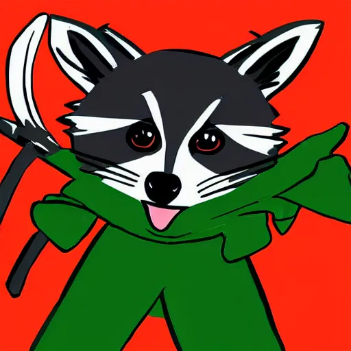 Image similar to digital art of a raccoon in a green rouge outfit duel wielding daggers