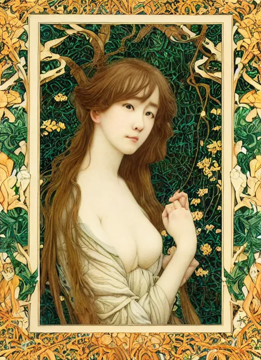 Image similar to masterpiece beautiful seductive flowing curves preraphaelite face portrait photography, miho hirano, extreme close up shot, straight bangs, thick set features, yellow ochre ornate medieval dress, amongst foliage mushroom forest circle arch, william morris and kilian eng and mucha, framed, 4 k