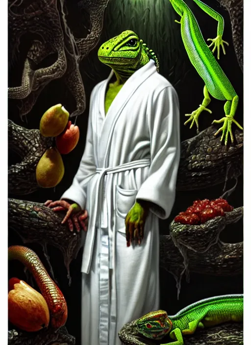 Image similar to an man in a white robe, green skin with lizard scales, different fruits growing on his clothes, intricate, highly detailed, concept art, hyperrealistic, oil painting by greg staples and tristan eaton, 8 k