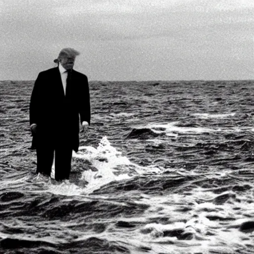 Image similar to dark footage of donald trump walking around the bottom of the ocean