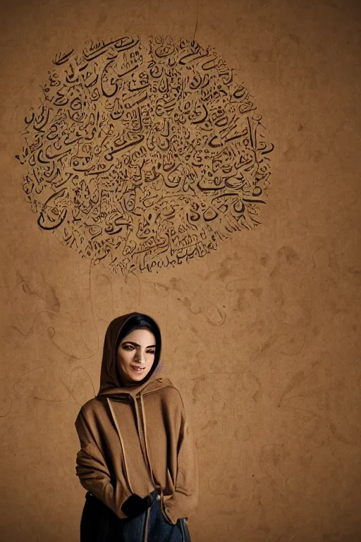Prompt: short brown hair arab spanish shy young woman in beige hoodie, Diwani calligrapher using bamboo pen, cinematic lighting, hyper-detailed